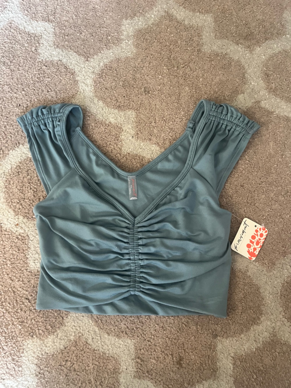 FP Movement by Free People Breathe Deeper Ruched V-Neck Crop Top - Dusty Teal